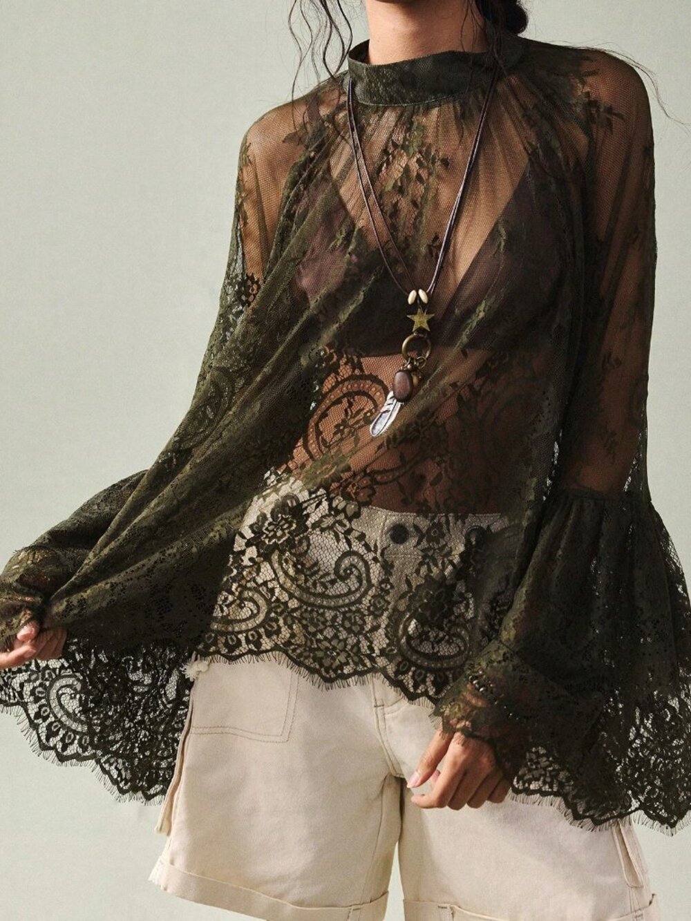 Army Green Elegant Women's Sheer Lace Flowy Sleeve Blouse - Picture 1 of 6